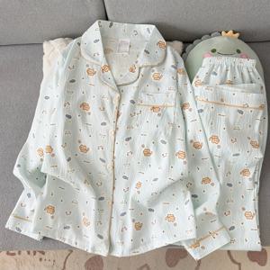 여성용 잠옷 가을 만화 고양이 긴팔 긴바지 달콤 귀여운 가을 외출복 홈웨어 세트 2pcs 의상 봄 가을 여름 에어컨 의상 얇은