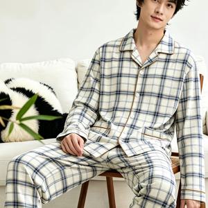 2pcs 세트 긴팔 긴바지 남성용 잠옷 봄 가을 가디건 남성 홈웨어 캐주얼 체크 패션 슈트 외출 가능