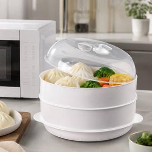2단 전자레인지 음식 찜기, 통풍구 뚜껑이 있는 대용량 찜 용기, 쌓을 수 있는 조리기, 만두, 야채, 고기, 편리한 음식 가열 및 조리 도구 가정용 주방