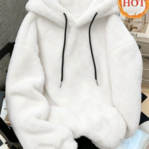 솔리드 컬러 플러시 후드티, 캐주얼 긴소매 드로스트링 후드 홈 스웨터, 여성용 라운지웨어 탑