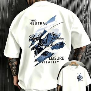 남성용 반팔 티셔츠, 독특한 2D 설산 테마 프린트, 루즈핏 드롭 숄더 크루넥, 스트리트 트렌디 캐주얼 여름 상의, 통기성 좋은 원단 100% 폴리에스터 오버사이즈
