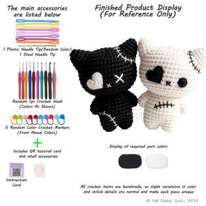 2개 고딕 할로윈 검은 고양이 코바늘 뜨개질 키트, 다크 아카데미아 얀 세트 (튜토리얼 포함), 초보자 친화적인 수제 장식품, 크리스마스 생일을 위한 독특한 스퀴피 선물 (미완성 재료)