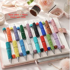 20개 랜덤 컬러 블링 라인스톤 비즈 펜 DIY 분리형 팁 귀여운 여학생 문구 노트북 장식 펜 베스트 프렌드 선물 (펜 5개+펜 심 15개)