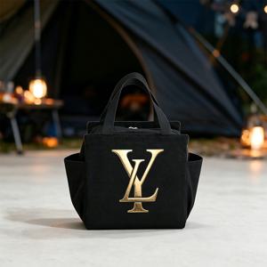클래식 골드 LY 모노그램 로고 프린트 보온 런치 백, 런치 토트백, 식품 보관 백, 사이드 포켓 포함; 가볍고, 직장, 학교, 피크닉 등에 적합; 비식품 접촉