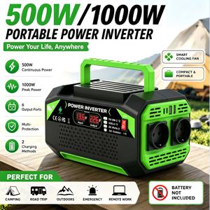 1000W/500W 휴대용 인버터, DC12V to AC 220V/230V, 연결 케이블 액세서리, 다기능, LCD 디스플레이 장착, 2개 EU 표준 소켓+2개 USB+2개 Type-C 포트, 자동차, 트럭, 가정, 야외, RV, 캠핑에 적합