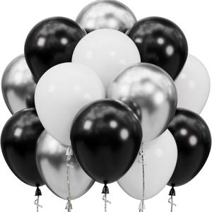 블랙 앤 실버 풍선, 60개입 10인치 블랙 화이트 실버 메탈릭 크롬 풍선, 새해 생일 결혼 기념일 파티 장식용