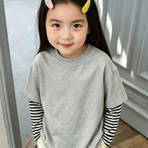 여아용 2-in-1 룩 블랙 앤 화이트 스라이스 티셔츠 상의 - 여아용 패셔너블 2-in-1 룩 블랙 앤 화이트 소매 상의, 미디엄 및 라지 사이즈, 활용도 높은