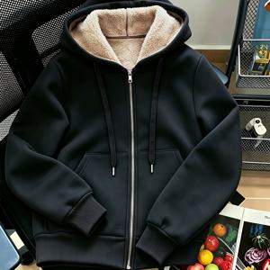 라이트 보드 가을 겨울 단색 두꺼운 따뜻한 안감 지퍼 후드 코트 인스 릴렉스 레이어링 외출 매장 방문 추운 날씨 여성 의류