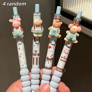 4개 랜덤 만화 플러시 펜 클릭러, 귀여운 토끼 판다 강아지 3D 펜던트 펜, 부드러운 고무 그립 편안함, 0.5mm 블랙 ST 속건 브러시 팁 학생 문구류