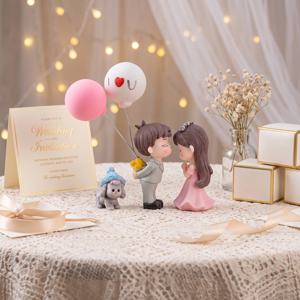 3개 세트 로맨틱 웨딩 커플 미니 레진 장식품, 신랑 신부 미니어처 조각상, 고백 풍선과 함께, 귀여운 강아지 고양이 소형 동물 피규어, 수집용 장식 공예품