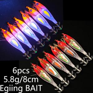 6개입 세트, 8cm 크기, 발광 새우 낚시 미끼, 오징어용 지그 훅, 새우/새우새끼 미끼, 오징어 낚시 액세서리, 새우