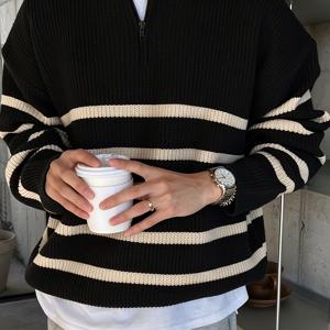 가을 겨울 신상 남성용 두꺼운 따뜻한 스웨터, 긴소매 니트 탑 재킷, 클래식한 블랙 앤 화이트 , 골지 질감, 하프 지퍼, 세미 하이넥, 레귤러 드롭 숄더 핏, 캐주얼 데일리 출퇴근, 휴일 선물로 적합