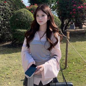 2026년 신상 한국 스타일 투피스 세트 핑크색 긴팔 페이크 레이어링 블라우스 & 블랙 플리츠 스커트 여성 여름 의상