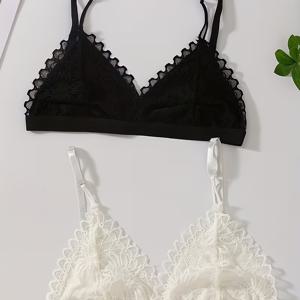 2개 세트 섹시 레이스 여성 브라, 우아한 블랙 & 화이트 세트, 와이어 프리 편안한 속옷, 데일리웨어, 홈웨어, 데이트용, 26SS