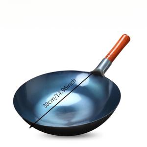 수제 단조 무코팅 연철 웍 1개, 가스레인지 가정용 둥근 바닥 단일 손잡이 철제 웍, 볶음요리용으로 설계됨