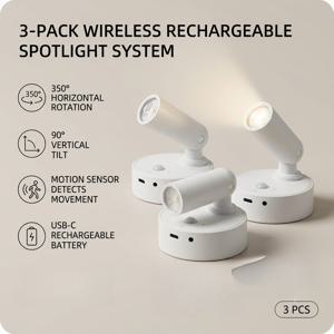 3개 세트, 무선 마그네틱 앰비언트 라이트, USB 충전식 LED 벽 램프, 터치 컨트롤 3가지 색상 조절 가능, 350° 회전 가능 침실 복도 야간 조명