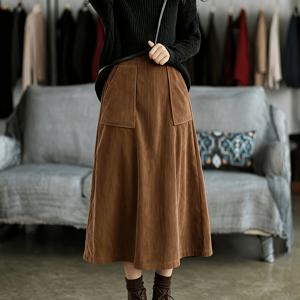 여성용 코듀로이 A라인 미디 스커트, 큰 주머니 포함, 신축성 있는 허리밴드, 빈티지 캐주얼 출퇴근용 코듀로이 스커트, 가을과 겨울에 적합, 단색 여성 스커트