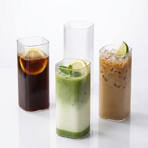 특대형 세로 줄무늬 사각 유리컵, 500ml, 4개 세트, 고강도 붕규산 내열성 직선 줄무늬 유리컵, 두꺼운 미끄럼 방지 그립, 가정용 맥주잔, 주스잔, 주류잔, 음료잔