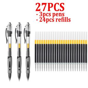 27개입 대용량 젤 펜 세트, 0.5mm 가는 팁 검정 잉크 펜, 빠른 건조로 부드러운 필기감, 편안한 그립감, 노트-taking, 학교, 사무실 및 일상 필기용, 펜 3개 및 리필 24개 포함