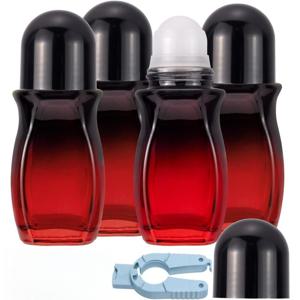 4개입 50ml 그라데이션 레드 유리 롤온병, 리필용 빈 탈취제 발한 억제제 롤러 용기, 볼 제거 도구 포함, 에센셜 오일, 향수, DIY 바디 오일용