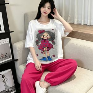 여성용 돼지 머리 포니테일 프린트 잠옷 세트, 여름 신상, 라운드넥 반팔 상의와 긴 바지 투피스 홈웨어