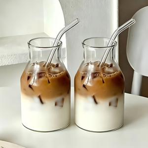1/2개 650ml 고붕규산유리 젖병, 굽은 빨대 포함, 레이어드 아이스 커피 컵, 화염용 고硼질산유리 내열 콜드브루 컵 - 가정용 차가운 음료, 주스, 밀크티 투명 물컵 - 콜드브루병 - 차가운 음료용 컵 - 주스컵 - 냉장고 사용 가능한 야외용 유리 음료 용기
