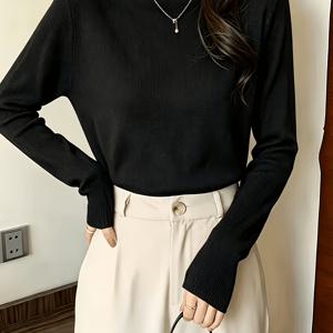 여성용 하이넥 스웨터 베이스 레이어 탑 - 신축성 있는 보온 레이어링용, 단색 겨울 스웨터, 기계 세탁 가능 긴소매 풀오버, 사무실, 캐주얼 & 데일리웨어용, 비침 없음