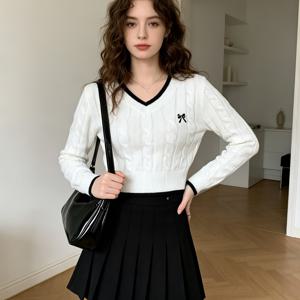 컬러 블록 골지 브이넥 케이블 스웨터, 리본 자수 긴소매 크롭 탑, 여성용 프레피 스타일 캐주얼 풀오버