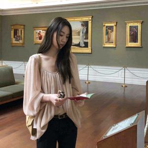 2026년 신상 먼지 핑크 블라우스 프렌치 스타일 퍼프 소매 와이드 헴 플리츠 쉬어 숄더 커버 디자인 여성용 봄 여름 캐주얼 데일리