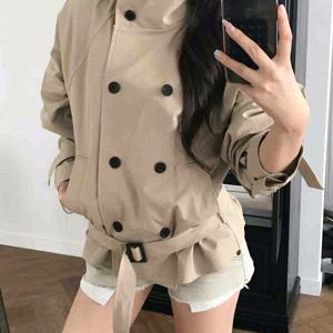 새로운 여성용 숏 트렌치 코트 한국 스타일 스탠드 칼라 ダブル브레스티드 디자인 니치 스위트 쿨 아우터웨어 가을 카키 베이지 원 사이즈