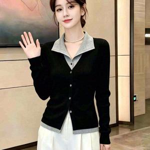 새로운 여성용 스웨터 솔리드 슬림 핏 수트 칼라 긴소매 반팔 M-4XL 블랙 커피 우아한 출퇴근 사무실 작업용 상의 2026 가을