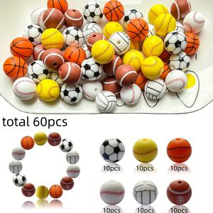 야구, 소프트볼, 축구용 15mm 실리콘 비즈, 축구, 농구, 배구 추가 키트용 원형 실리콘 비즈, 키체인, 팔찌, 목걸이 및 공예 제작에 적합 - 60개입