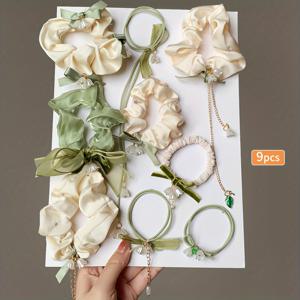 9pcs 여성용 백합 꽃 머리끈 힘줄 여성용 헤어 타이 고가의 헤어 로프 헤드기어 번 헤드 대장성 헤어 링 여성의 기질 헤어 링 슈퍼 밸류 세트