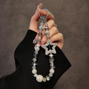 고급 라인스톤 다섯각 별 비즈 손잡이 체인 손목 짧은 끈 휴대폰 케이스 가방 펜던트