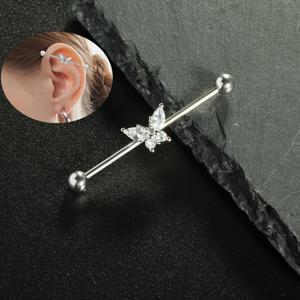 1개 38mm 산업용 스테인리스 스틸 바벨 피어싱 주얼리 - 관자놀이 귀걸이 포함 나비 바벨, 저자극성, 내구성, 편안한 바디 주얼리