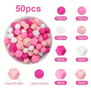 50개 실리콘 비즈, 12/14mm 원형 육각형 루스 비즈, 주얼리 제작, 목걸이, 키체인, 팔찌, 비즈 펜, 랜야드 비즈 수제 장식 - 프로젝트 및 장식에 적합