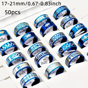 도매 50개/세트 남녀공용 레이저 각인 스테인리스 스틸 반지 세트, 블루 링 사이즈 17mm-21mm 혼합 스타일 파티 패션 매력 손가락 반지 선물 (박스 미포함)