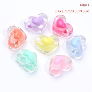 60개 3D 이중 레이어 투명 하트 비즈, 컬러 코어 아크릴 비즈 14X17mm, 팔찌, 목걸이 및 비즈 커튼용 - 고품질 프리 드릴링 공예 비즈, 팔찌 및 목걸이 제작 재료