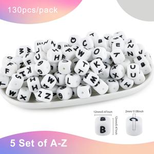 130개 대형 12mm 화이트 스퀘어 실리콘 알파벳 비즈 A-Z (대문자 & 소문자) - DIY 공예, 키체인, 만들기, ABC 학습 비즈, 목걸이 & 팔찌 참용 매끄러운 큐브 글자