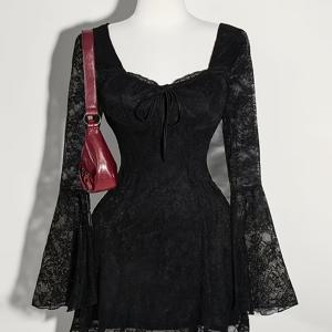 LIZX 여성용 단색 레이스 코르셋 드레스 - 하트 네크라인과 플레어 소매가 있는 A라인 바디콘 드레스, 슬림핏 수평 라인, 웨딩 게스트, 사무실, 드레스용, 기계 세탁 가능 봄/가을 드레스