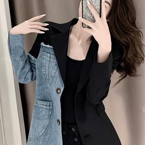 2026 Light Luxury European and High-End Feel Women's Suit Jaet with Irregular Patchwork Denim Design, with a Sophisticated Sister Aura Top, Trendy