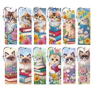 고양이 테마 페인팅 책갈피 세트 12개, 수정 라인석 책갈피 포함, 책 애호가용, DIY 공예 선물, 꽃무늬 & 아기 고양이 디자인, 랜야드 & 펜던트가 있는 불규칙/둥근 수정 구슬, 명절 선물용