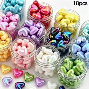 17MM 18개 도파민 무지개 전기 도금 하트 아크릴 비즈, 풍성하고 볼륨감 있는 복숭아 하트, 섬세한 AB 무지개 광택, 팔찌, 휴대폰 끈, 가방 참 등에 적합한 홀 디자인