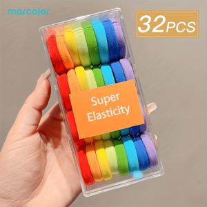 Marcolor 32개 소프트 그라데이션 헤어 타이 세트 - 초탄성, 무지 헤어 밴드, 투명 보관 케이스 포함; 손상 없는 탄성 헤어 타이, 여성용 디자인 - 데일리 착용 및 스타일링 필수품. 랜덤 태그