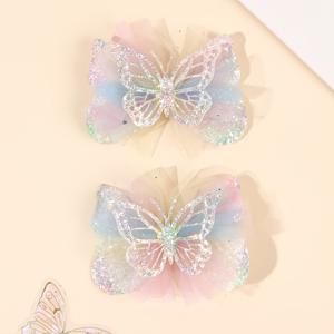 2개 글리터 나비 헤어 클립 보라색 튤 바레트, 여성용 반짝이는 공주 헤어 액세서리, 데일리웨어 파티 공주 휴일 선물용