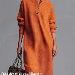 여성용 가을 겨울 스탠드 칼라 반버튼 원피스, 단색 루즈핏 게으른 스타일 긴소매 스웨터 원피스, 미디 길이 내부 레이어 스웨터 롱 스커트, 할로윈 필수 의상