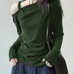 여성용 긴팔 티셔츠 디자인 니치 홍콩 스타일 시크 오프숄더 탑 다용도 베이스 레이어 루즈 솔리드 컬러 얇은