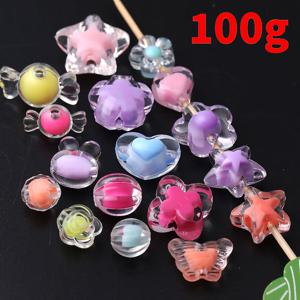 100g 랜덤 컬러 믹스 아크릴 비즈 양면 반투명 다양한 모양 별, 하트, 꽃, 나비, 둥근 루즈 스페이서 장식 비즈 수제 DIY 팔찌 액세서리 비즈 & 비즈 세트 걸리 스타일 커플 팔찌 휴대폰 체인 핸드메이드 소품