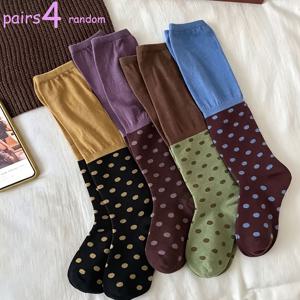 랜덤 4켤레, 신상 여성 스타일, 레트로 블루 물방울 무늬 발목 양말, 올매치 레이스 탑 머핀 양말 가을 겨울 젠틀 스타일 여성스러운 학원 스타일 여성스러운 미드-캘프 양말