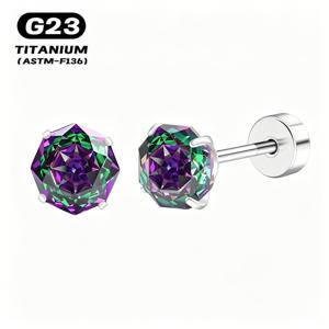 1쌍 임플란트 등급 G23 티타늄 합금 로즈 컷 CZ 플랫백 귀걸이 스터드 (민감한 귀용) | 20G, 저자극성, 팔각형 로즈 합성 시나이트, 플랫 스크류 백, 여성 남성 수면 귀걸이, 배터리 없음